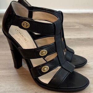 COACH Tamara’s gladiator Black Strappy Heels with Gold Accents size 7.5B